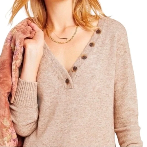 Anthropologie Women’s Size S Tan Button Henley V-Neck Viscose Blend Knit Sweater - Picture 2 of 11